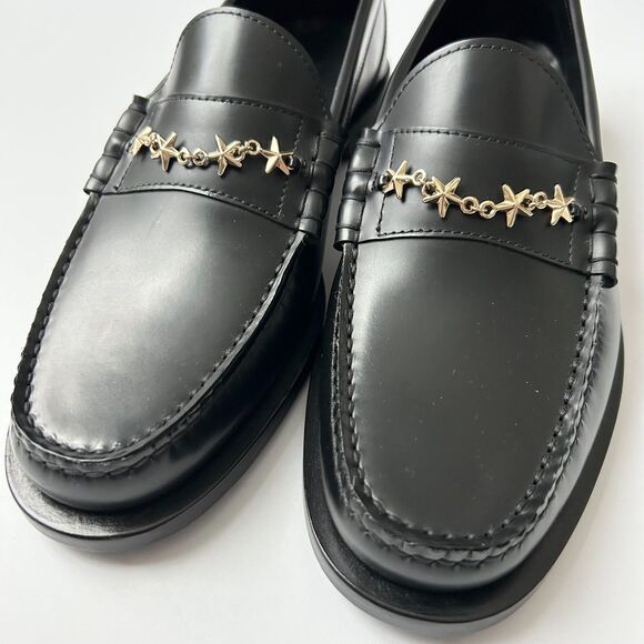 NEW Jimmy Choo Mocca Gold Tone Star Chain Loafers Black Leather Size IT 39 US 9 - Picture 3 of 7